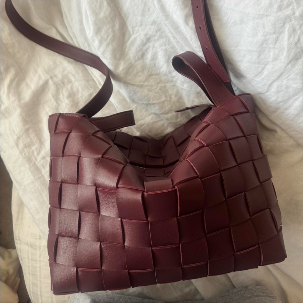 Woven Leather Shoulder Bag in Deep Burgundy